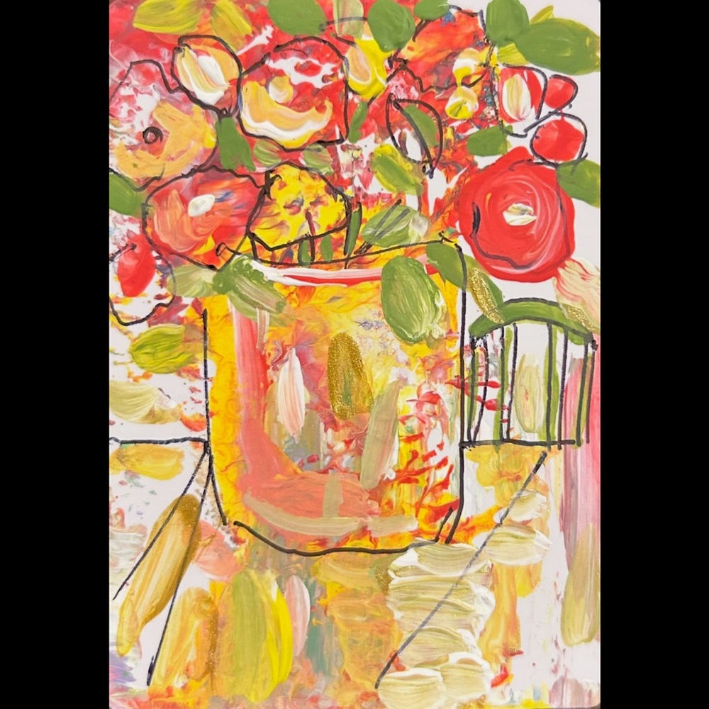 Bright Abstract Floral Painting with Yellow Vase